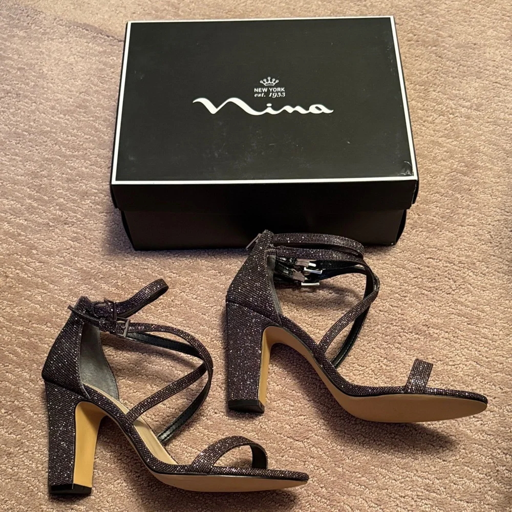 Nina Women's Glittery Black Strappy Heels - Picture 3 of 4